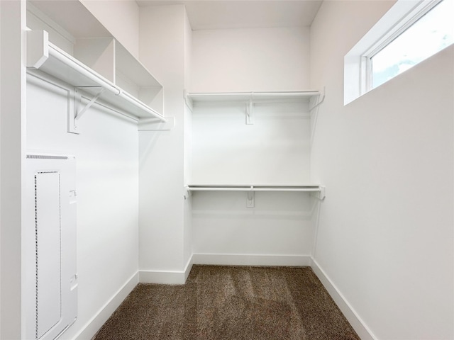 spacious closet with dark colored carpet