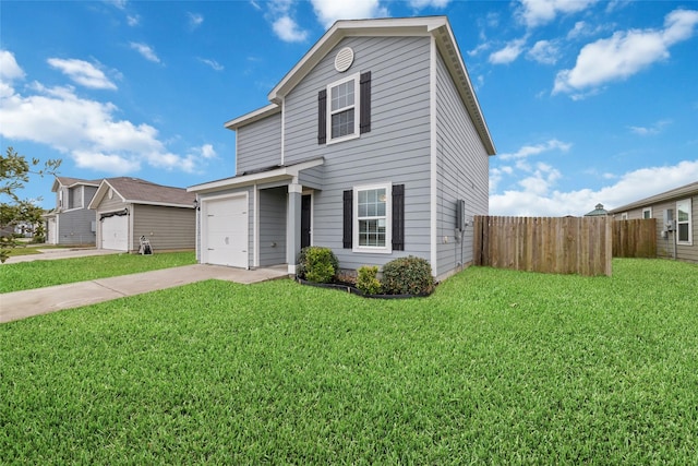 front of property with a garage and a front lawn