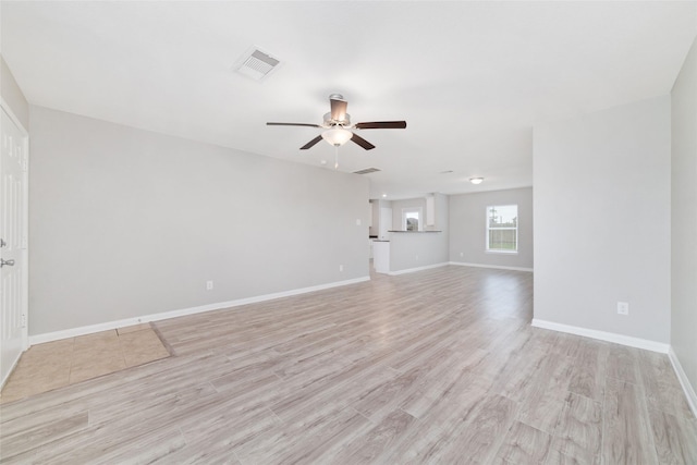 unfurnished living room with ceiling fan and light hardwood / wood-style flooring