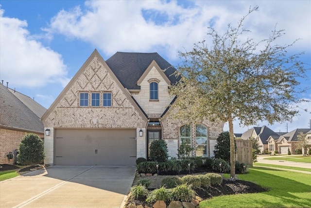 view of front of property featuring a garage and a front lawn