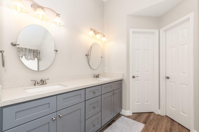 bathroom with wood-type flooring and vanity