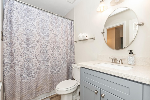 bathroom with vanity, wood-type flooring, and toilet