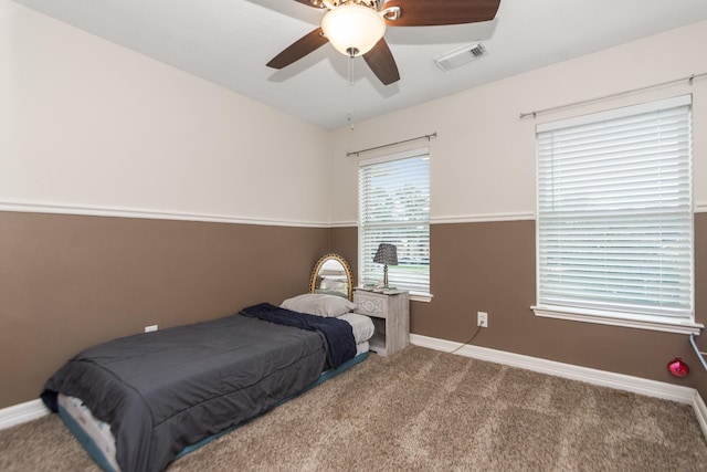 bedroom featuring carpet floors and ceiling fan