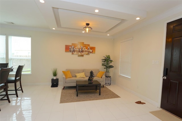 living room featuring a raised ceiling and ornamental molding