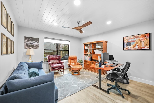 office featuring recessed lighting, wood finished floors, a ceiling fan, baseboards, and wood ceiling