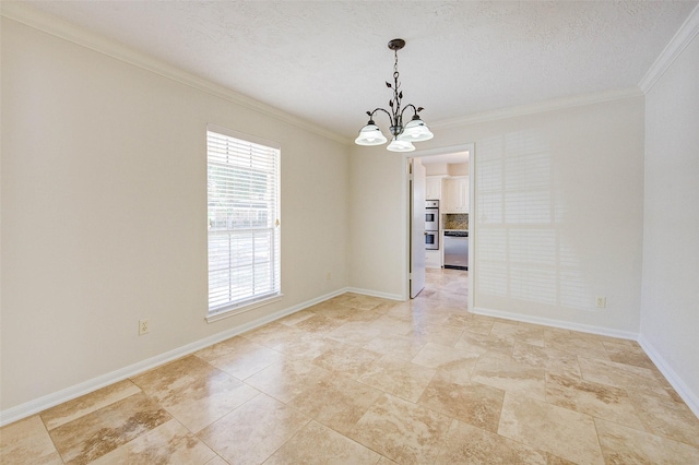 unfurnished room with a chandelier, crown molding, and a textured ceiling