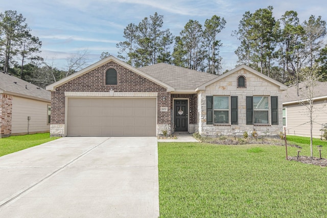 ranch-style house featuring brick siding, a shingled roof, a garage, driveway, and a front lawn