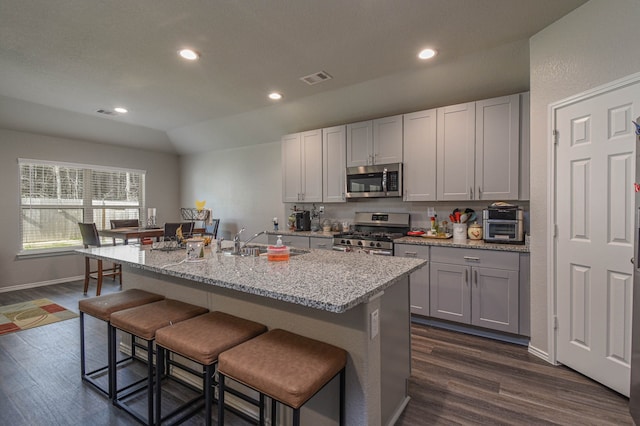 kitchen featuring appliances with stainless steel finishes, sink, a kitchen island with sink, light stone counters, and dark wood-type flooring