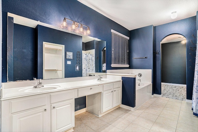 bathroom with vanity, separate shower and tub, and tile patterned flooring