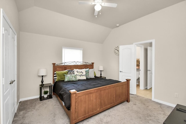 carpeted bedroom featuring vaulted ceiling and ceiling fan