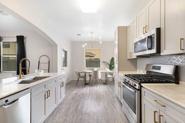 kitchen featuring hanging light fixtures, light wood-type flooring, stainless steel appliances, backsplash, and sink