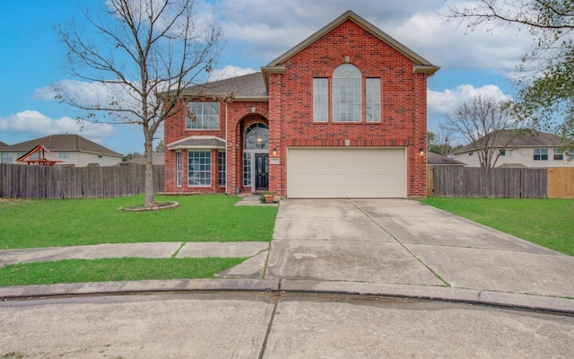 front facade with a garage and a front yard