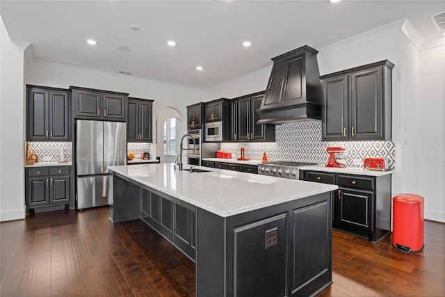 kitchen with sink, dark hardwood / wood-style floors, custom range hood, stainless steel appliances, and a kitchen island with sink