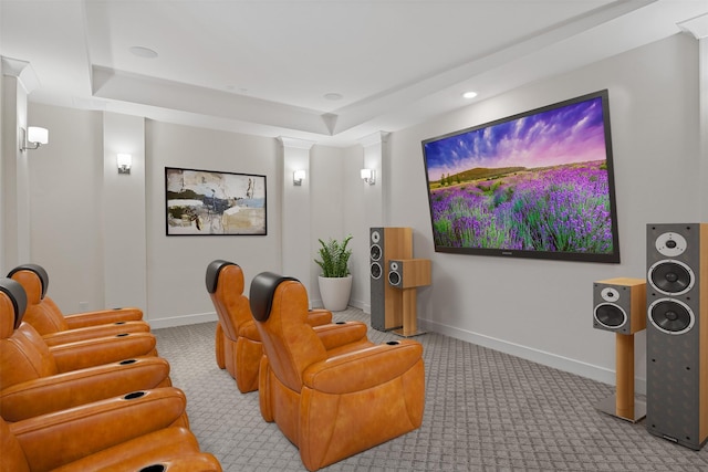 cinema with carpet flooring, recessed lighting, baseboards, and a tray ceiling