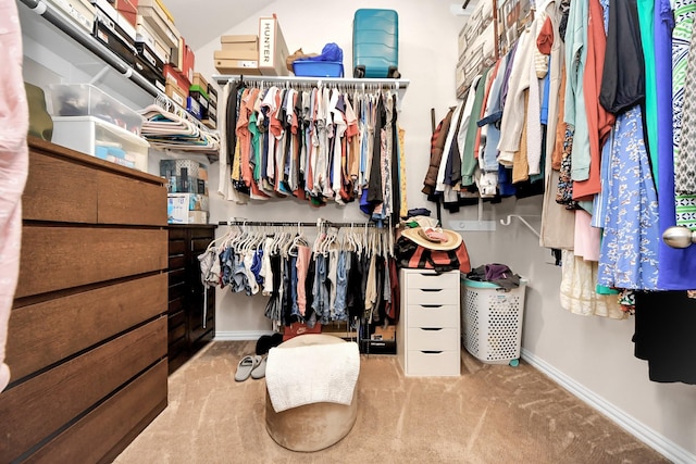 walk in closet with light carpet