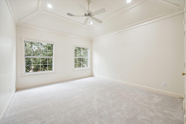 unfurnished room with ceiling fan and light carpet