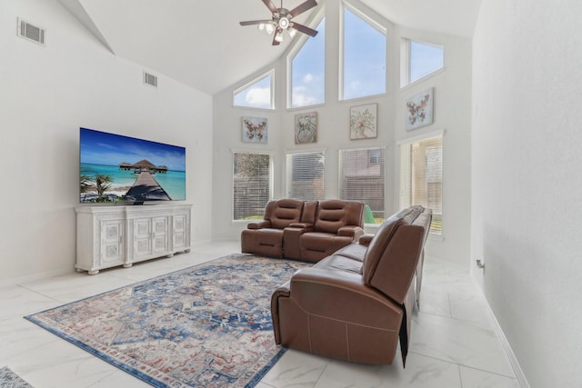 living room featuring ceiling fan and high vaulted ceiling