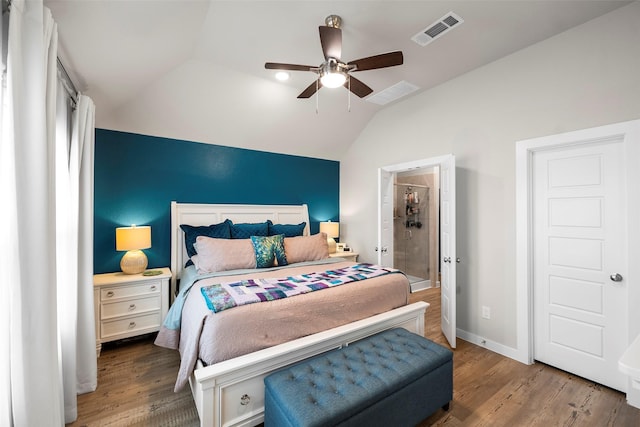 bedroom featuring hardwood / wood-style flooring, vaulted ceiling, and ceiling fan