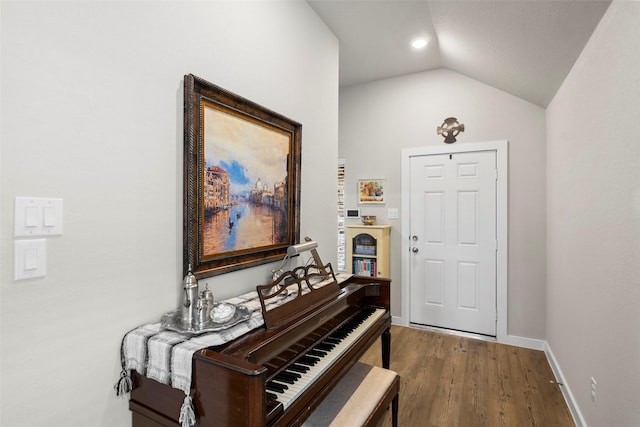 foyer entrance featuring lofted ceiling and hardwood / wood-style flooring