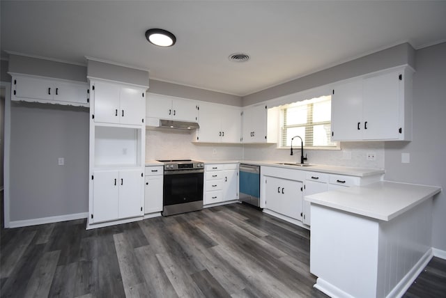 kitchen featuring white cabinetry, appliances with stainless steel finishes, dark hardwood / wood-style floors, and sink