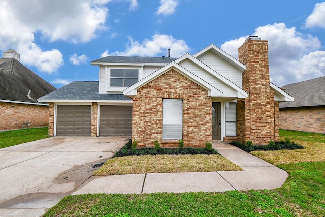 front facade with a garage and a front lawn