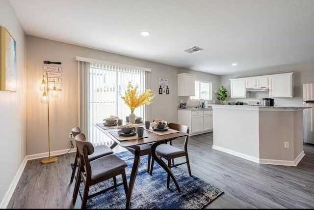 dining area with dark wood-type flooring and sink