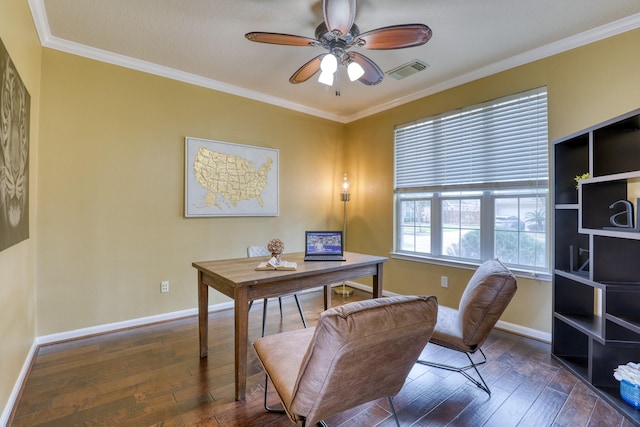 office featuring crown molding, dark wood-type flooring, and ceiling fan