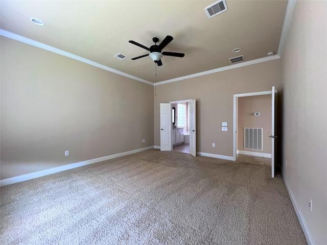 unfurnished bedroom with light carpet, ornamental molding, and ceiling fan