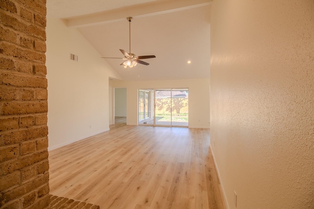 unfurnished room with ceiling fan, high vaulted ceiling, beam ceiling, and light hardwood / wood-style floors