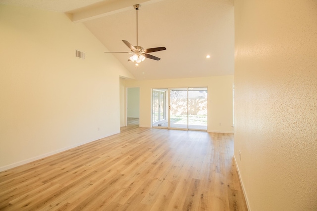 empty room featuring beamed ceiling, ceiling fan, high vaulted ceiling, and light hardwood / wood-style floors