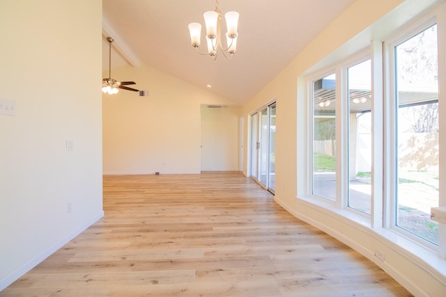 spare room featuring ceiling fan with notable chandelier, light hardwood / wood-style flooring, and lofted ceiling with beams