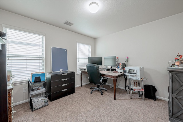 office space with light colored carpet and a textured ceiling