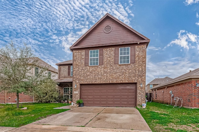 front of property with a garage and a front lawn