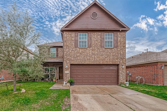 front facade with a garage and a front lawn