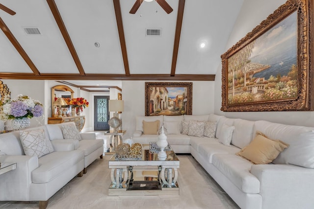 living room with vaulted ceiling with beams and ceiling fan