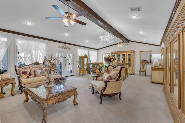 living room featuring french doors, light colored carpet, ornamental molding, and vaulted ceiling with beams