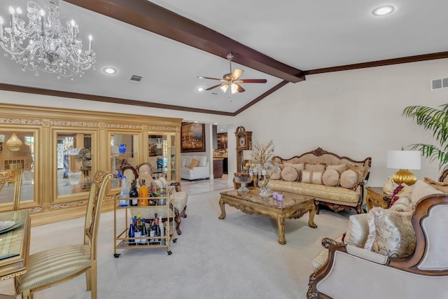 living room featuring ornamental molding, ceiling fan with notable chandelier, vaulted ceiling with beams, and light colored carpet