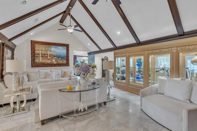 living room featuring beamed ceiling, ceiling fan, and high vaulted ceiling