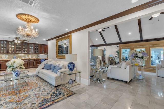 living room with vaulted ceiling with beams, ornamental molding, a textured ceiling, and ceiling fan