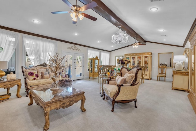 carpeted living room with lofted ceiling with beams, crown molding, and french doors