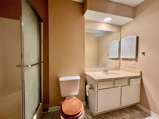 bathroom with vanity, radiator heating unit, an enclosed shower, and toilet