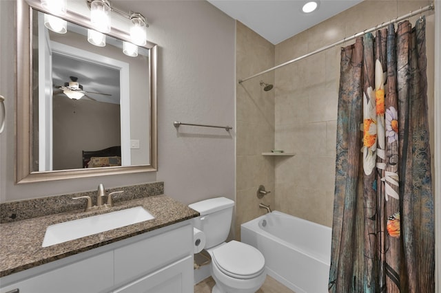 full bathroom with shower / bath combination with curtain, ceiling fan, vanity, and toilet