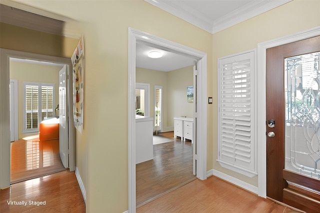 foyer entrance featuring wood-type flooring and crown molding