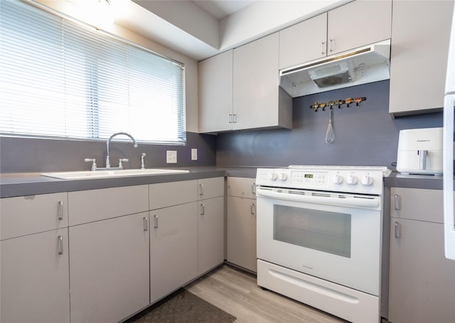 kitchen with white cabinetry, sink, light hardwood / wood-style flooring, and electric range