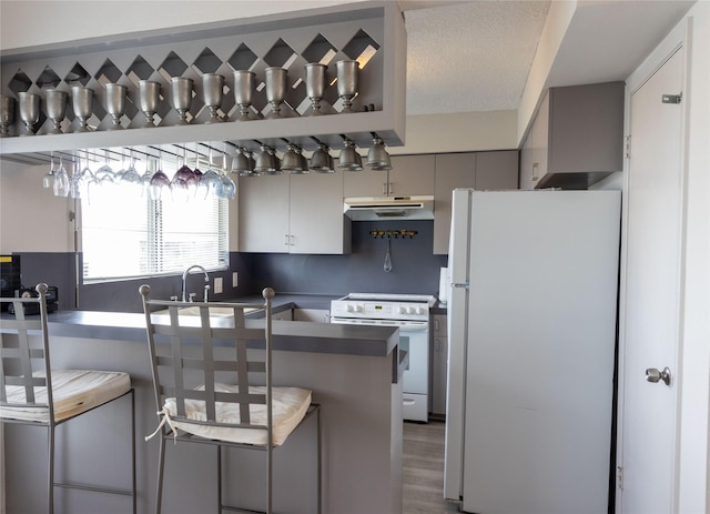 kitchen featuring sink, white appliances, hardwood / wood-style floors, tasteful backsplash, and kitchen peninsula