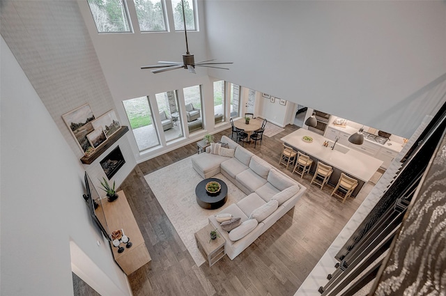 living area with a fireplace, plenty of natural light, wood finished floors, and a towering ceiling