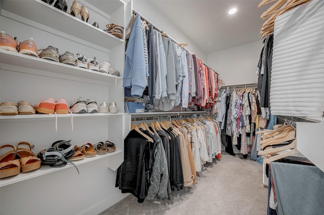 walk in closet with light colored carpet