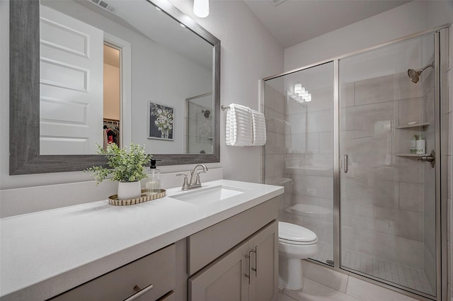 full bath with visible vents, toilet, a stall shower, vanity, and tile patterned floors