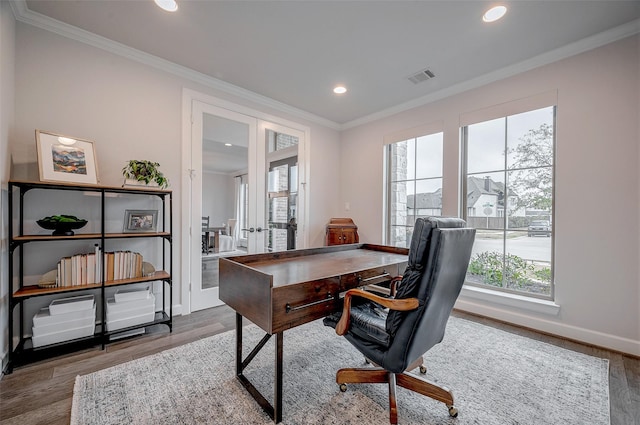 home office with baseboards, ornamental molding, french doors, light wood-style floors, and recessed lighting