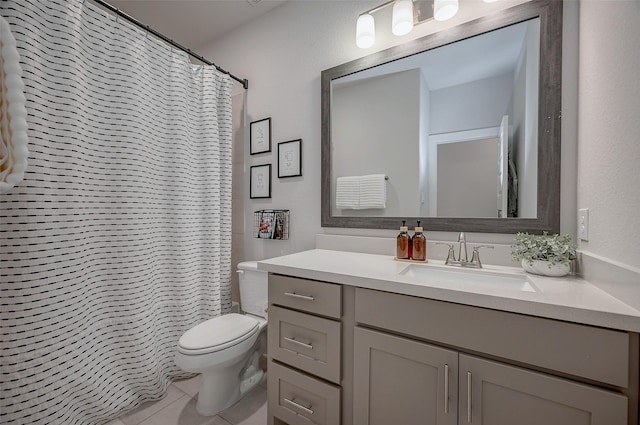 full bathroom featuring toilet, a shower with curtain, tile patterned flooring, and vanity